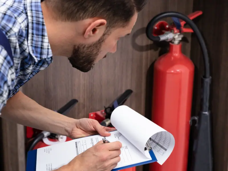 Mann mit Klemmbrett am Feuerlöscher Brandschutz