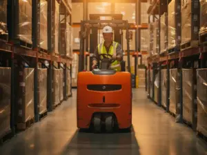 Gabelstaplerfahrer mit Warnweste und Helm steuert orangefarbenen Stapler durch Lagerhallengang mit gestapelten Holzpaletten.