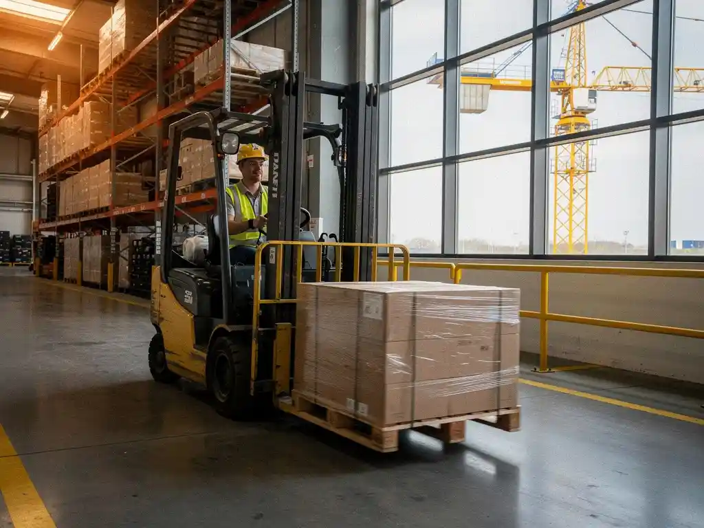 Gabelstaplerfahrer in Warnweste manövriert Palette in hellem Industrielager, gelber Turmdrehkran durch Hallenfenster sichtbar.