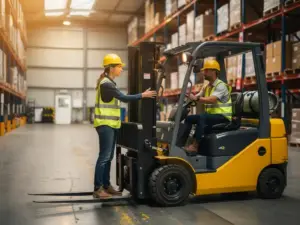 Ausbilderin mit Sicherheitsweste leitet Staplerfahrer-Trainee auf gelbem Gabelstapler in Industrielager.