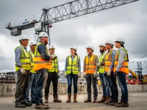 Kranführer-Schulung auf einer Baustelle: Ausbilder erklärt Gruppe mit Schutzhelmen, Kran im Hintergrund.