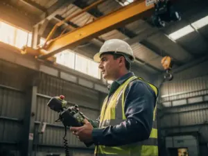Erwachsener Lernender mit Schutzhelm und Warnweste bedient Brückenkran-Steuerung in einer Industriehalle.