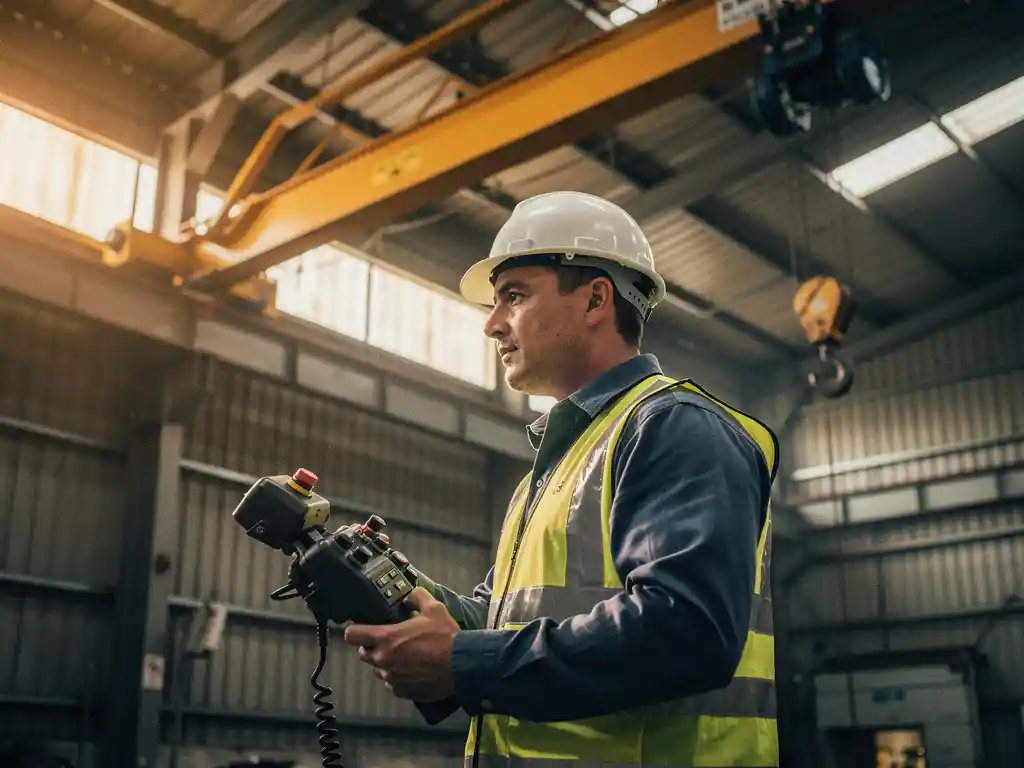 Erwachsener Lernender mit Schutzhelm und Warnweste bedient Brückenkran-Steuerung in einer Industriehalle.