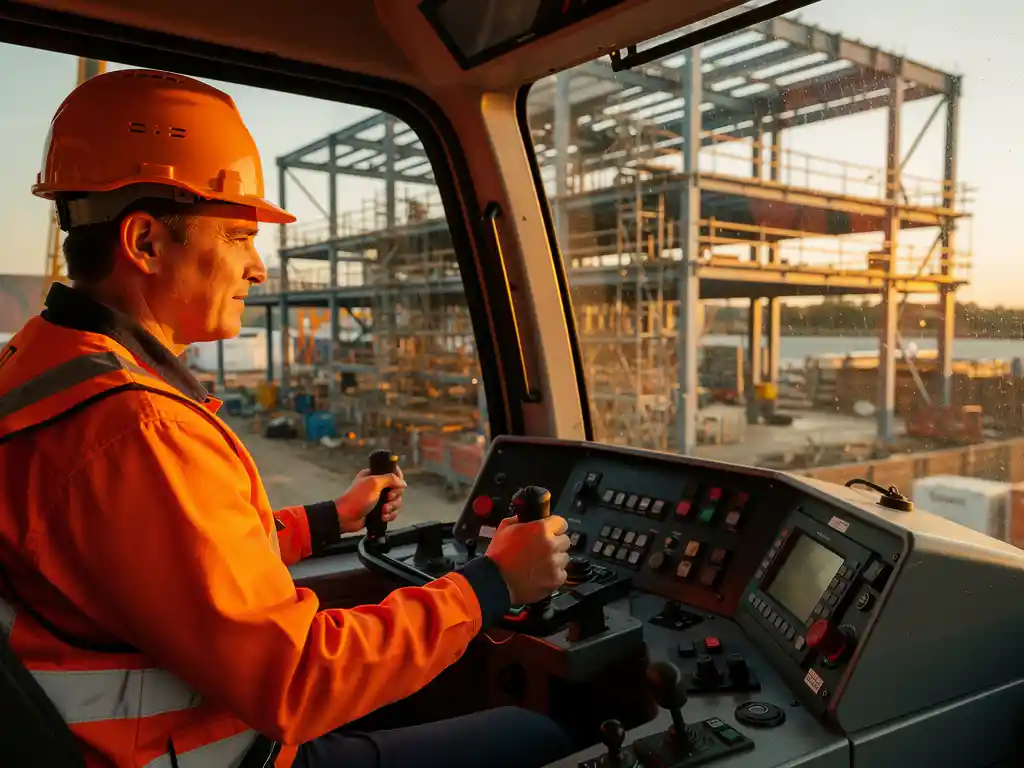 Kranführer in Warnweste und Schutzhelm bedient Steuerung im Führerhaus, Baustelle mit Stahlträgern im Hintergrund.