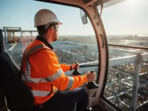 Kranführer in Warnweste und Schutzhelm bedient Steuerhebel im modernen Führerhaus mit Blick auf Stahlbaustelle im Nachmittagslicht.