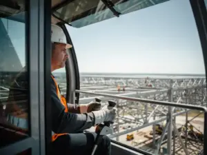 Kranführer im verglasten Führerstand bedient Steuerungshebel, Blick auf Stahlträger und Baustelle in der Tiefe, natürliches Mittagslicht.