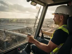 Kranführer in verglaster Hochkabine bedient Steuerhebel, darunter weitläufige Baustelle mit Stahlträgern und Betonstrukturen.