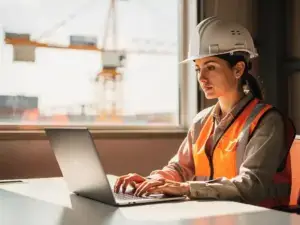 Frau mit Schutzhelm und Warnweste absolviert Online-Kranführer-Schulung am Laptop in industrieller Umgebung mit Kran im Hintergrund.