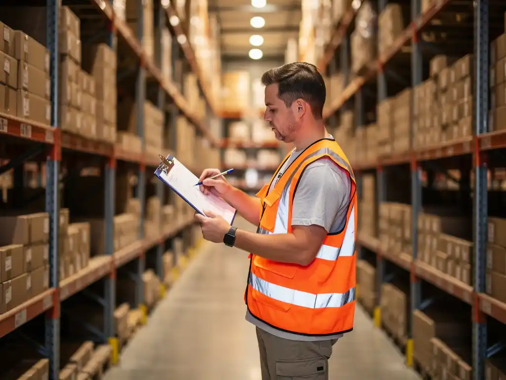 Lagerarbeiter in Warnweste scannt Inventar in Metallregalen, Klemmbrett in der Hand, Kartonreihen im Hintergrund.