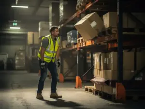 Lagerarbeiter in Warnweste neben hohem Palettenregal mit kippendem Karton unter industrieller Deckenbeleuchtung.