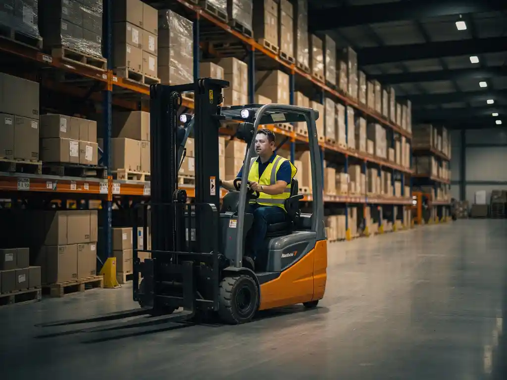 Lagerarbeiter in Warnschutzweste steuert Gabelstapler zwischen organisierten Palettenreihen in einem Industrielager.