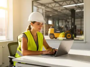 Frau in Sicherheitsweste und Schutzhelm arbeitet am Laptop, gelber Gabelstapler im Hintergrund der Lagerhalle sichtbar.