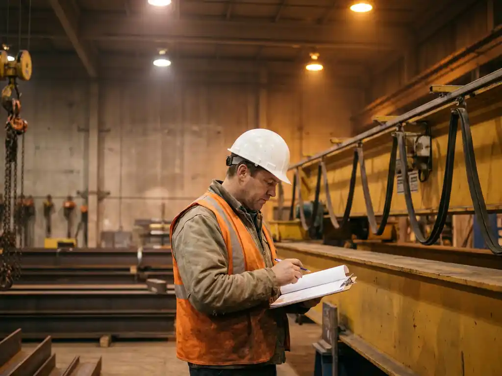 Sicherheitsinstruktor mit Schutzhelm prüft Schulungsdokumentation auf Klemmbrett neben einem Brückenkran in einer Industriehalle.