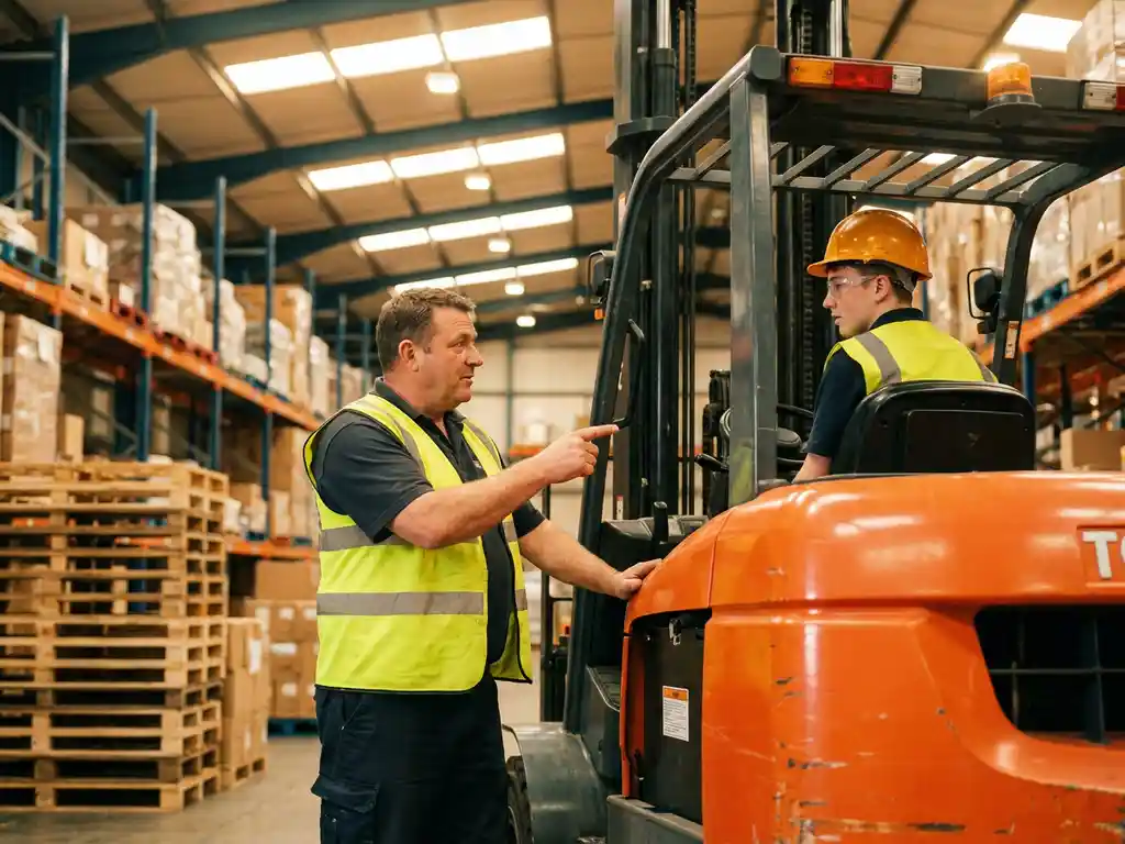 Gabelstaplerausbilder in Warnweste zeigt Auszubildendem im Fahrerhaus eines orangefarbenen Staplers Anweisungen in einer Industriehalle.