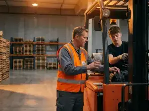 Gabelstapler-Ausbilder in Warnweste leitet Auszubildenden an orangefarbenem Stapler in Industrielager, Holzpaletten im Hintergrund.