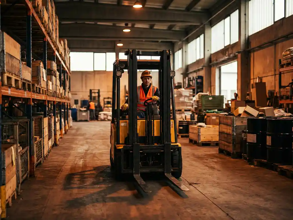 Gabelstaplerfahrer mit Schutzweste und Helm manövriert gelben Gabelstapler durch Industrielager mit Holzpaletten und Metallregalen.