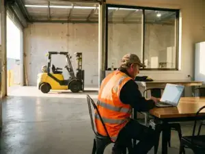 Gabelstaplerfahrer in Warnweste arbeitet am Laptop in einer Pausenraum, gelber Gabelstapler durch Fenster im Hintergrund sichtbar.