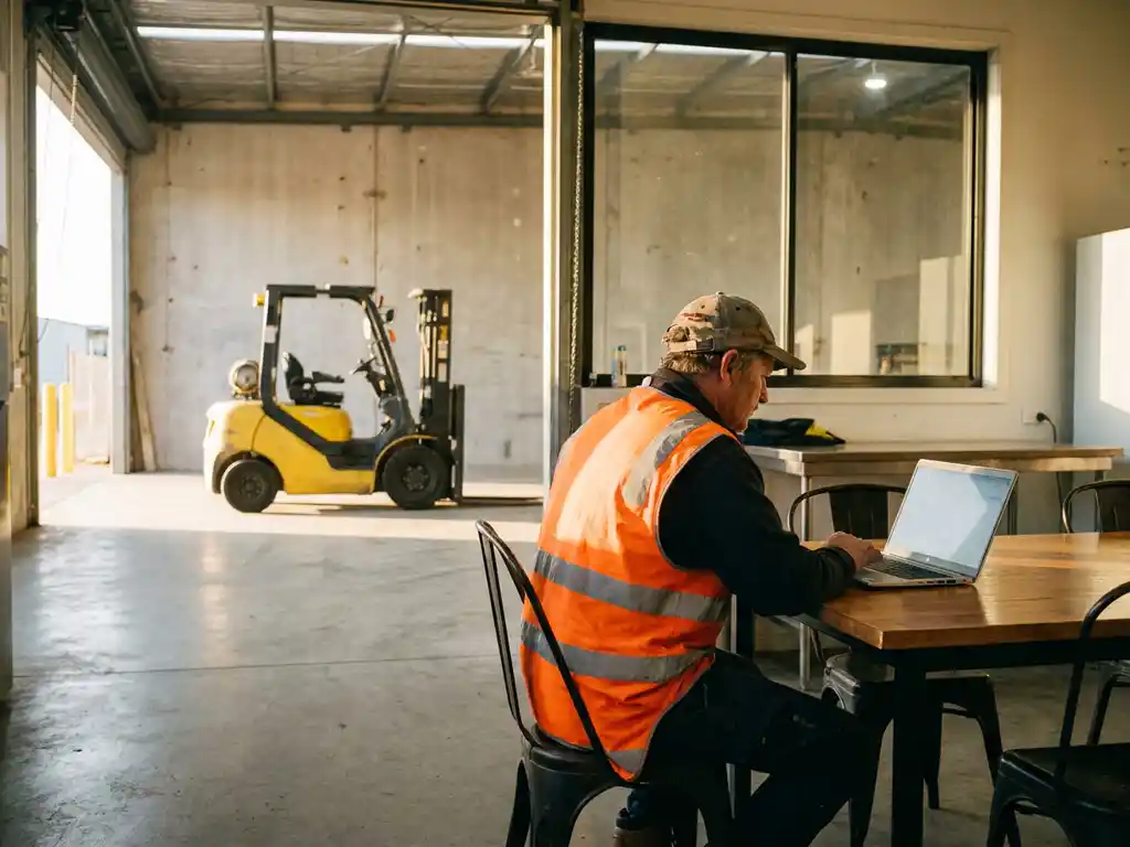 Gabelstaplerfahrer in Warnweste arbeitet am Laptop in einer Pausenraum, gelber Gabelstapler durch Fenster im Hintergrund sichtbar.