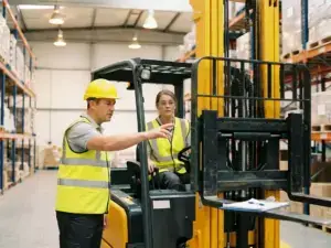 Zertifizierter Ausbilder in Warnweste schult Staplerfahrer in Industriehalle mit Sicherheitsdokumentation auf der Gabel.