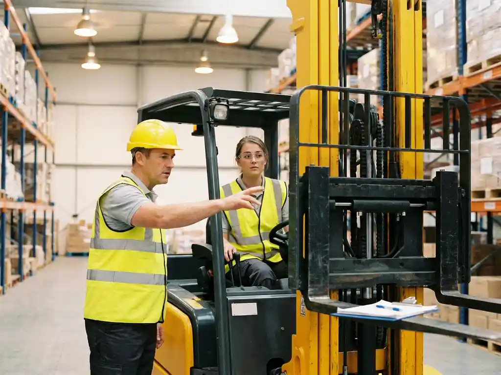 Zertifizierter Ausbilder in Warnweste schult Staplerfahrer in Industriehalle mit Sicherheitsdokumentation auf der Gabel.