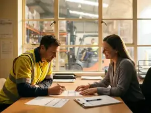 Erwachsener Lernender im Warnschutzweste bei Beratungsgespräch mit Ausbilder, Gabelstapler im Lagerhintergrund sichtbar.