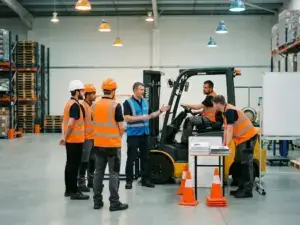 Gabelstapler-Ausbilder erklärt vier Lagerarbeitern in Warnwesten die Bedienung eines Gabelstaplers in einer Industriehalle.