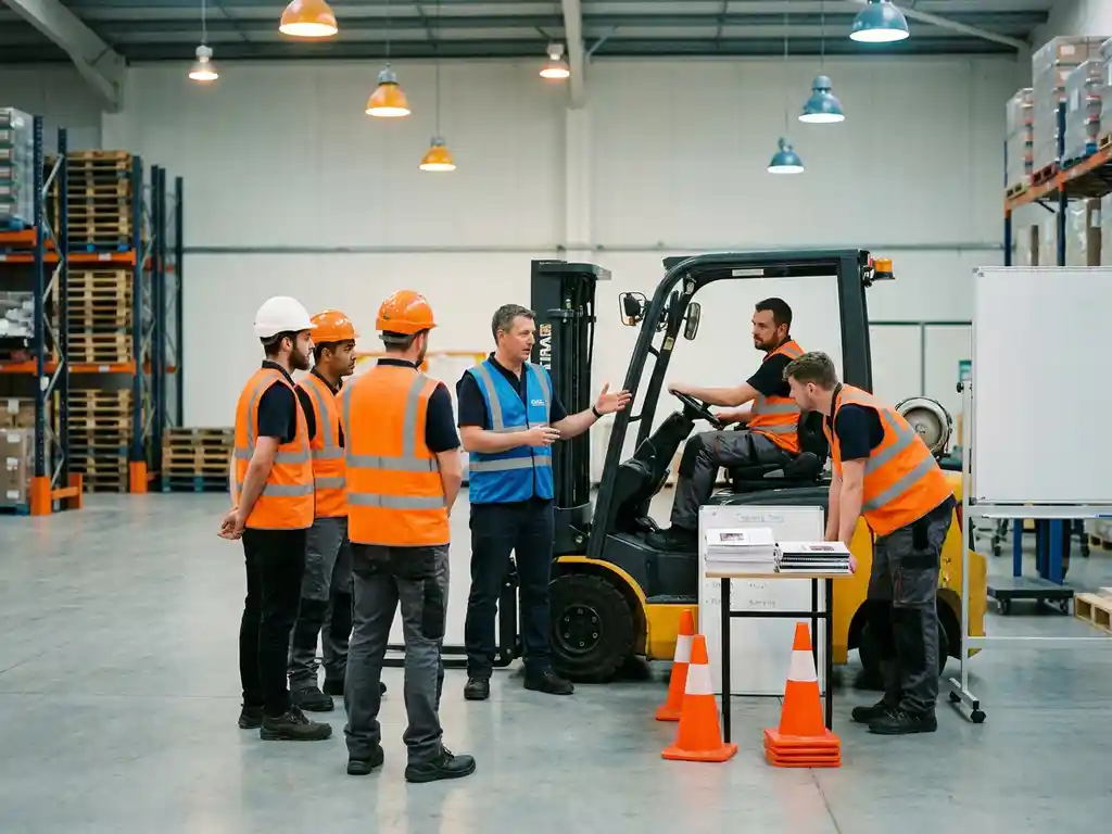 Gabelstapler-Ausbilder erklärt vier Lagerarbeitern in Warnwesten die Bedienung eines Gabelstaplers in einer Industriehalle.
