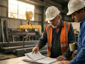 Kranführer in Warnweste und Schutzhelm liest Sicherheitshandbuch neben Vorgesetztem, Industriekran im unscharfen Hintergrund.
