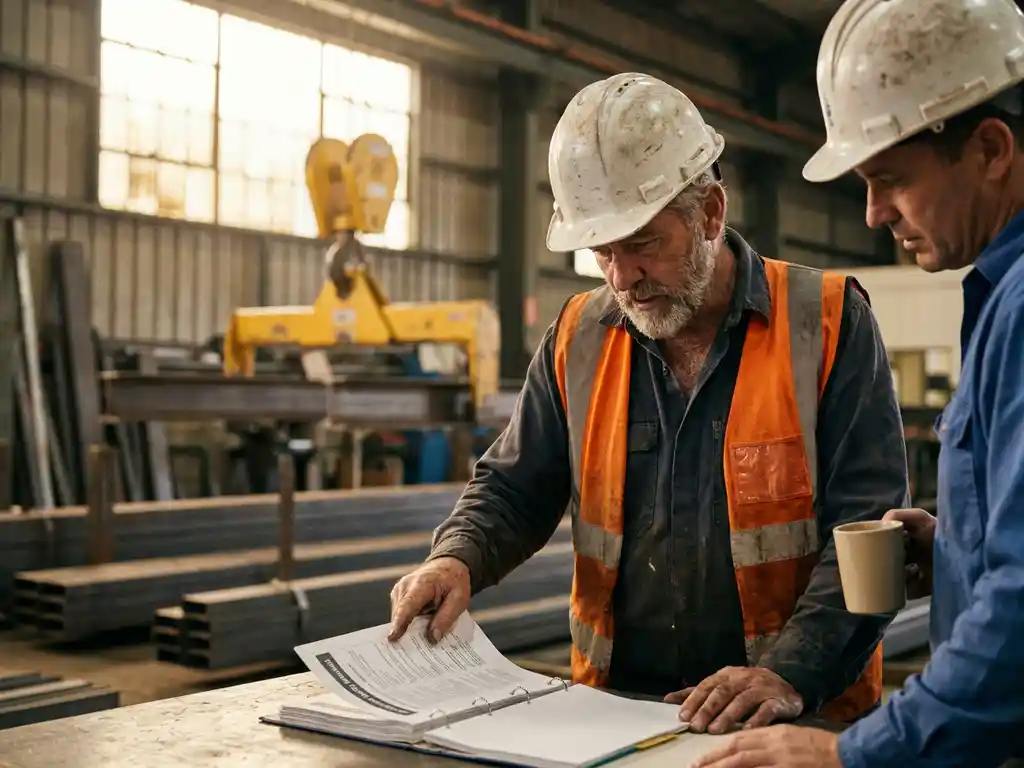 Kranführer in Warnweste und Schutzhelm liest Sicherheitshandbuch neben Vorgesetztem, Industriekran im unscharfen Hintergrund.