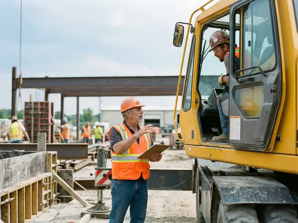 Vorarbeiter mit Warnweste und Klemmbrett gibt Kranführer auf Baustelle neben Industriekran Anweisungen.