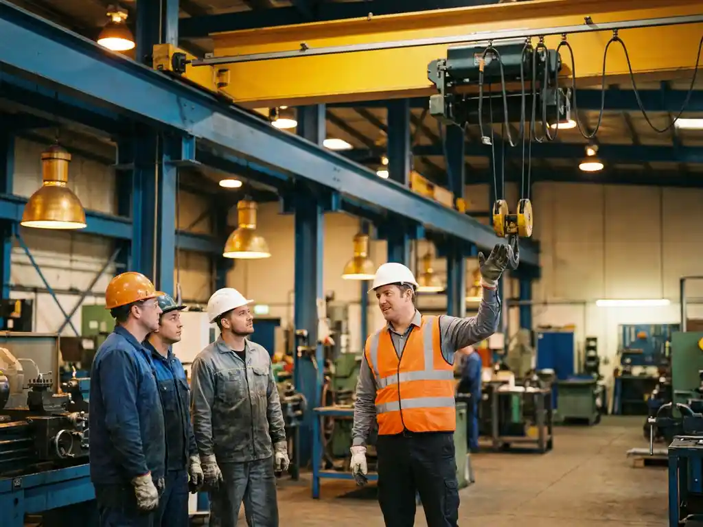 Zertifizierter Trainer mit Schutzhelm erklärt Arbeitern den Mechanismus eines gelben Brückenkrans in einer Industriewerkstatt.