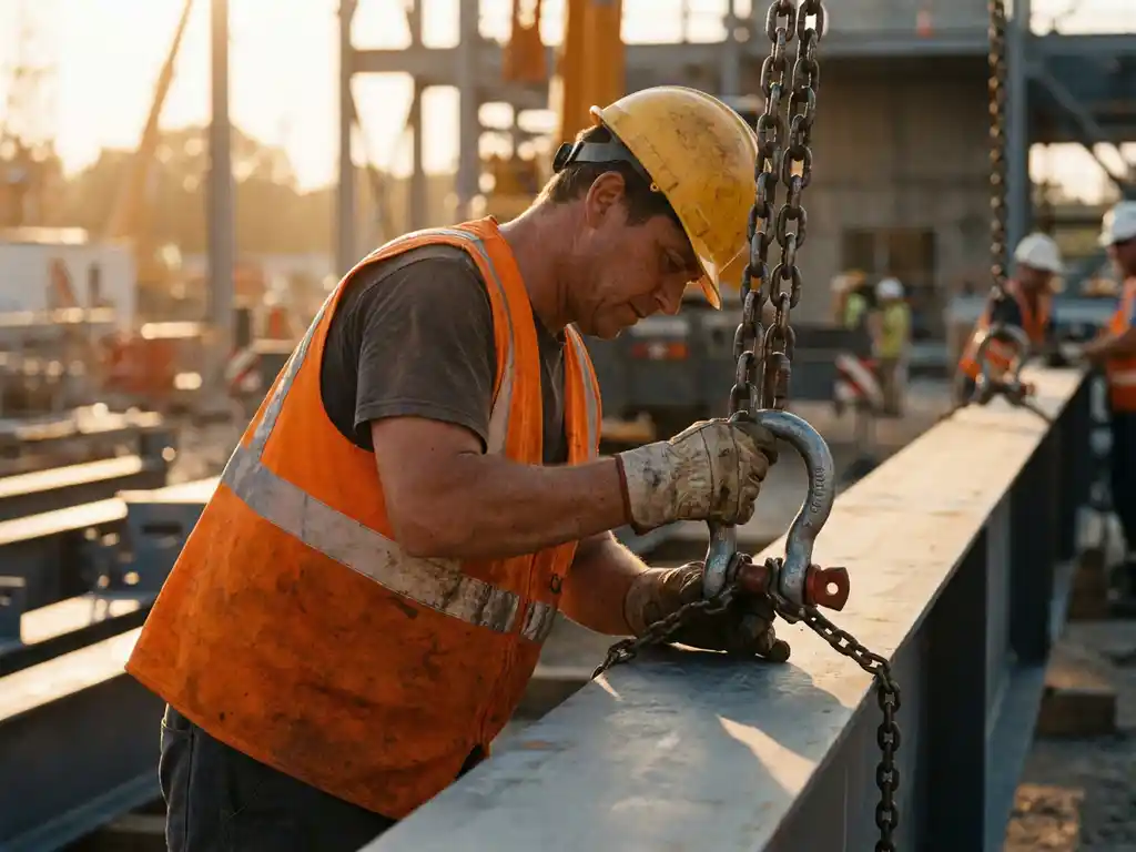 Rigger in Warnweste und Schutzhelm befestigt Lastketten an einem Stahlträger auf einer Industriebaustelle.