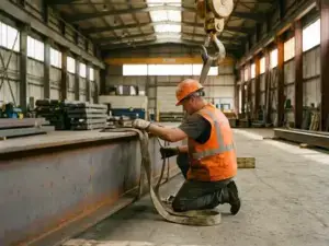 Rigger in Warnweste befestigt Lastgurte an einem Stahlträger, gelber Kranhaken sichtbar, Industriehalle im Hintergrund.