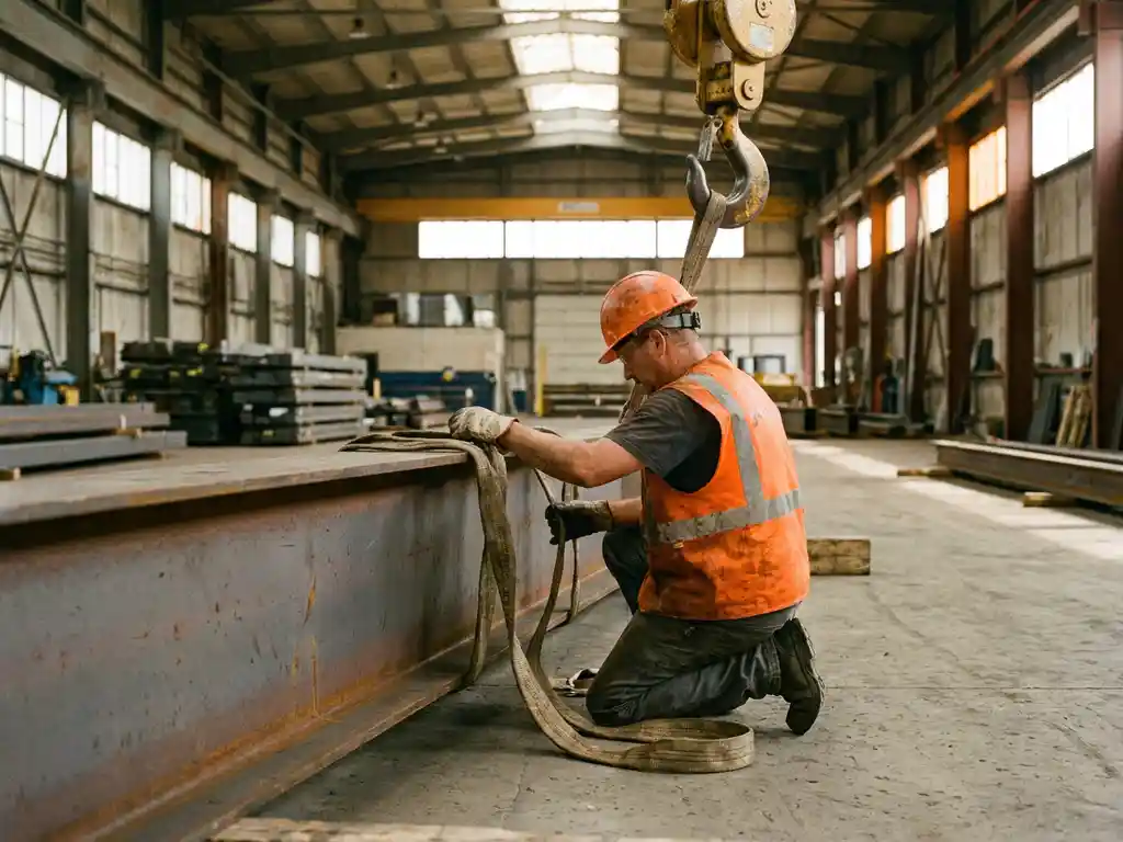 Rigger in Warnweste befestigt Lastgurte an einem Stahlträger, gelber Kranhaken sichtbar, Industriehalle im Hintergrund.