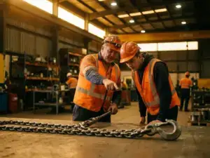 Anschläger-Ausbilder in Warnweste zeigt Auszubildendem Lastsicherungstechniken mit Stahlkette und Lasthaken in Industriehalle.
