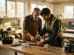 Ausbilder demonstriert Fachkraft am Werkstatttisch professionelle Arbeitstechnik, Sicherheitsausrüstung und Werkzeuge im Vordergrund.