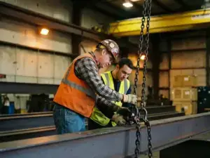 Ausbilder in Warnweste zeigt Auszubildendem die korrekte Handhabung von Hebekette und Schäkel an einer Industrieladerampe.
