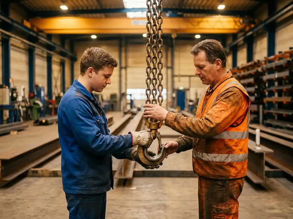 Ausbilder in Sicherheitsweste zeigt Auszubildendem die korrekte Handhabung eines Lasthakens an einer Hubkette in einer Industriehalle.
