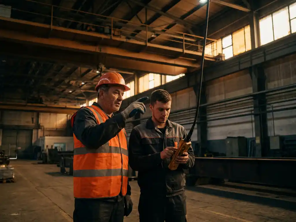 Ausbilder mit Schutzhelm und Warnweste leitet Auszubildenden an Brückenkran-Steuerpult in Industriehalle.