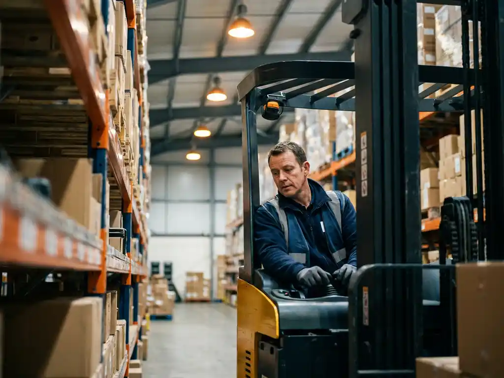Lagerarbeiter in blauer Uniform steuert Gabelstapler in moderner Logistikhalle mit hohen Metallregalen und Kartons.
