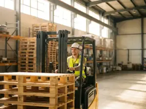 Junger Lagerarbeiter mit Schutzweste und Helm steuert gelben Gabelstapler in hellem Industrielager mit Holzpaletten.