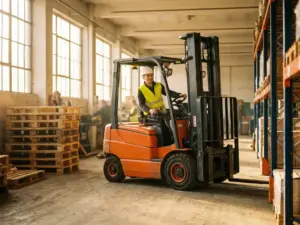 Gabelstaplerfahrer mit Warnweste und Schutzhelm steuert orangefarbenen Gabelstapler in hellem Industrielager mit Holzpaletten.