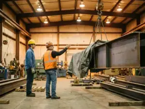 Ausbilder in Warnweste zeigt Krananhebung mit schwerer Last in Industriehalle, Auszubildender mit Schutzhelm beobachtet aufmerksam.