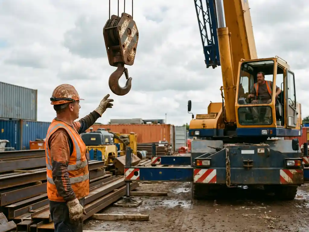 Bauarbeiter mit Warnweste und Schutzhelm signalisiert Kranführer beim Heben von Stahlträgern auf aktiver Baustelle.