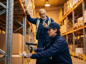 Lagerhaus-Azubi in blauer Arbeitsuniform scannt Barcodes auf gestapelten Kartons, während ein erfahrener Kollege daneben anleitet.