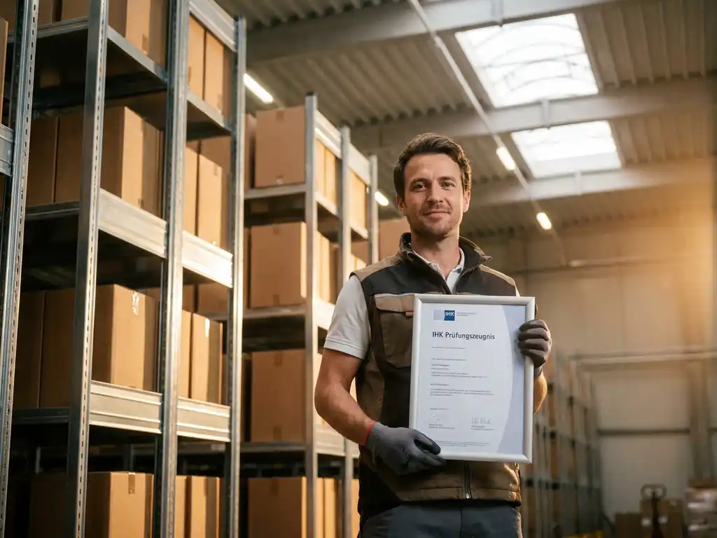 Lagerarbeiter hält IHK-Zertifikat in moderner Logistikhalle mit organisierten Kartonregalen und warmem Deckenlicht.