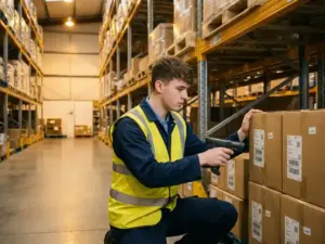 Auszubildender in Warnweste scannt Barcodes auf gestapelten Kartons in einem organisierten Lager mit Metallregalen.