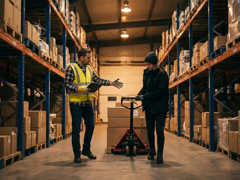 Lagertrainer in Sicherheitsweste leitet Auszubildenden beim Bedienen eines Handhubwagens in einem Lagergang mit Metallregalen.