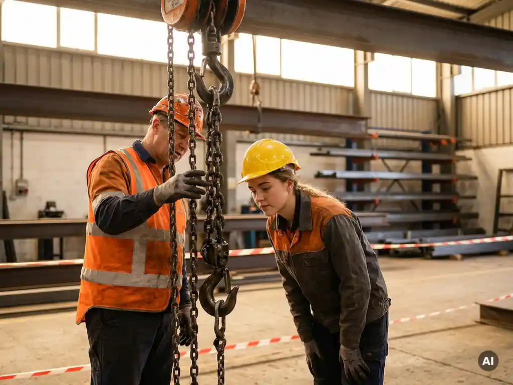 Rigging-Ausbilder in Warnweste zeigt Auszubildendem mit Schutzhelm die Inspektion einer Lastkette und eines Hakens in einer Industriehalle.