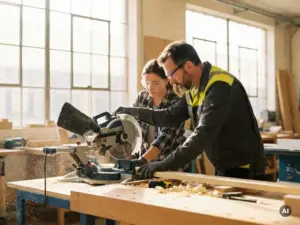 Erfahrener Ausbilder leitet jungen Auszubildenden beim Arbeiten mit einer Kreissäge in einer Holzwerkstatt, beide tragen Schutzbrille.